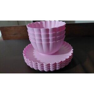 Pink Scalloped Melamine Bowl Plate Set 4 Bowls+Plates New